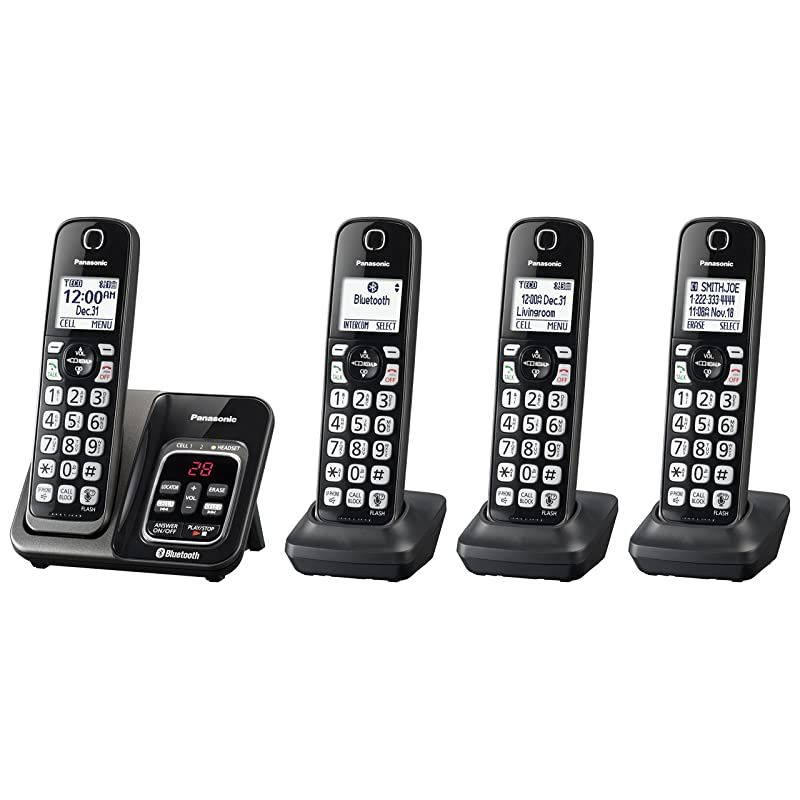 Expandable Cordless Phone System with Link2Cell Bluetooth, Voice Assistant, Answering Machine and Call Blocking - 4 Cordless Handsets - KX-TGD564M (Metallic Black)