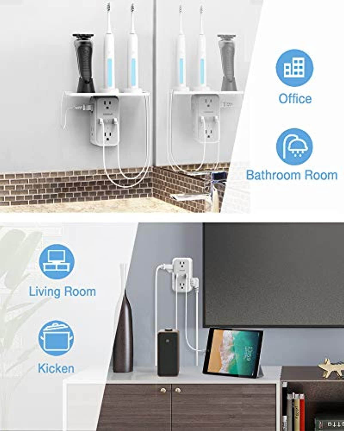 Multi Plug Outlet Extender with Shelf, TESSAN USB Wall Charger with 6 Electrical Socket, Multiple Outlet Expander Surge Protector, Wall Mount Outlet Splitter for Home Dorm Essentials (TS-WM06-GR-US-1)