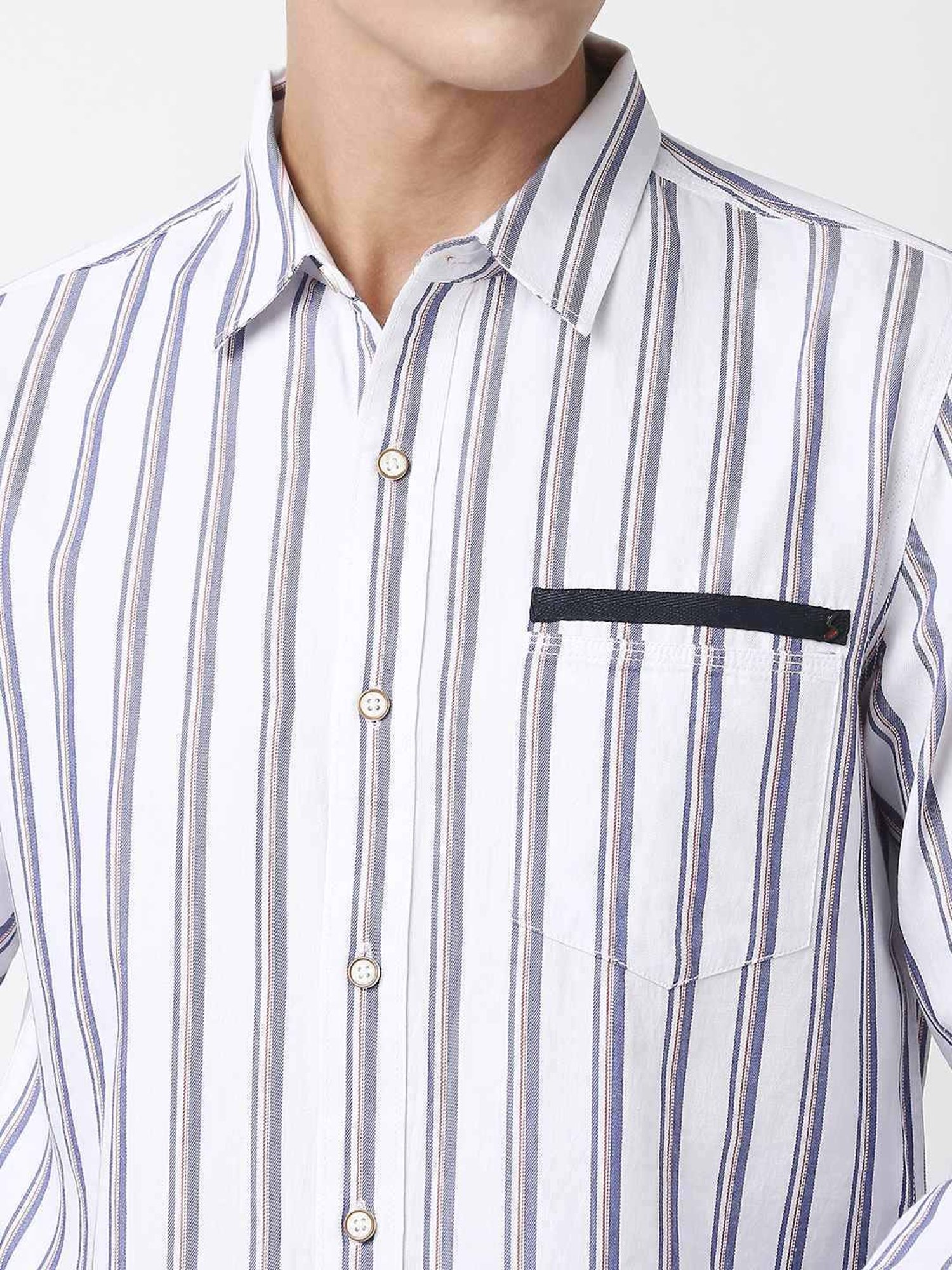 Solemio White Slim Fit Striped Shirt