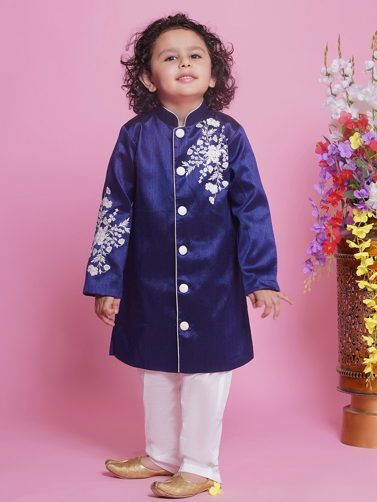 Little Bansi Kids Royal Blue & White Embroidered Full Sleeves Sherwani with Pyjamas