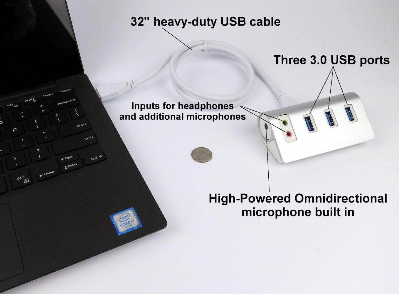 SP-USB-HUB-MIC - Court Reporting High Gain Miniature USB Omnidirectional Microphone/Headphone amplifier with 3 port USB hub built-in