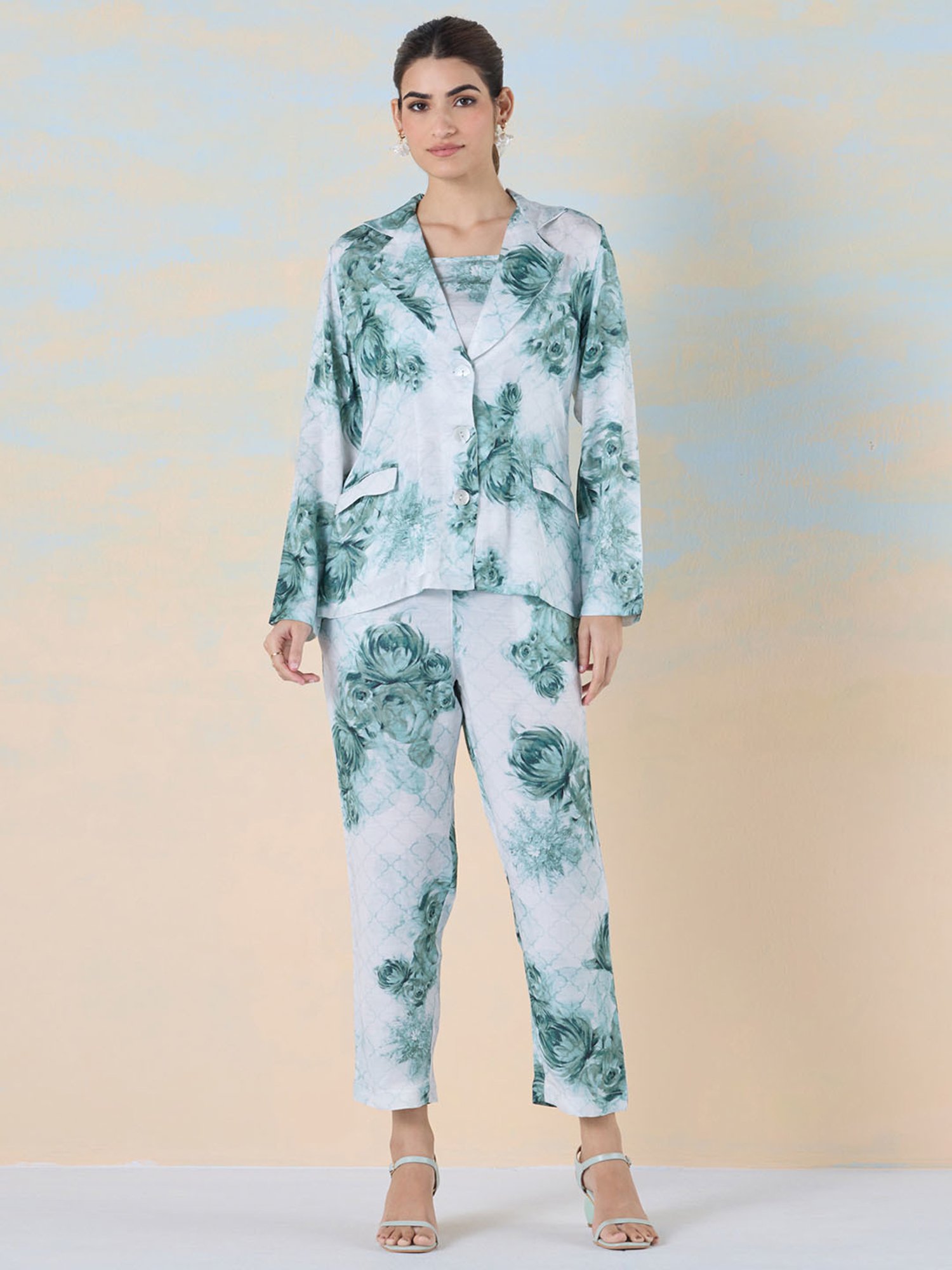 navyasa by liva Green Top & Pants With Jacket Set