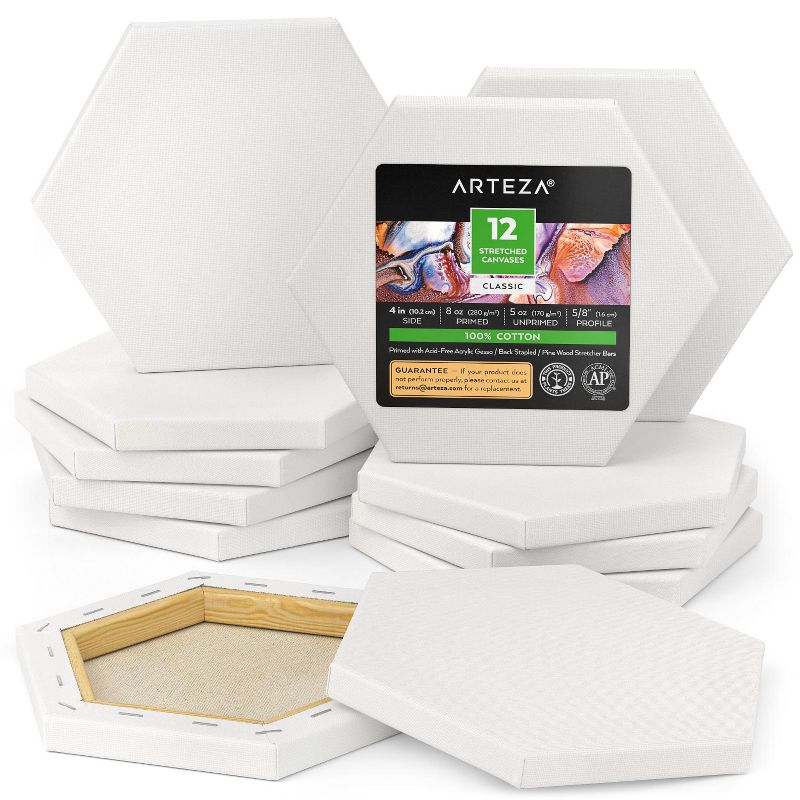 Arteza Classic Blank Hexagon Stretched Canvas, 8" Diameter, 6.6" Height, 0.6" Profile - 12 Pack (ARTZ-3924)