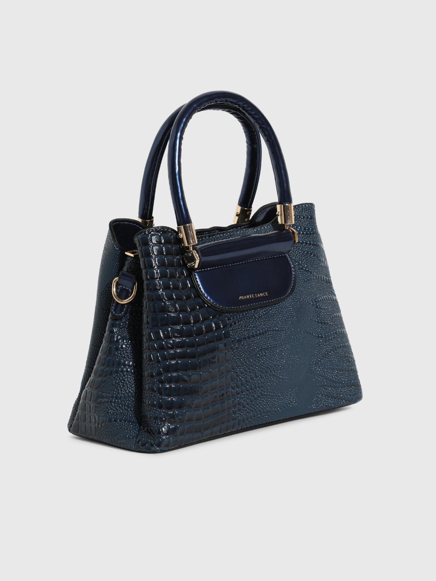 HauteSauce Midnight Blue Croc Textured Medium Leather Handheld Handbag
