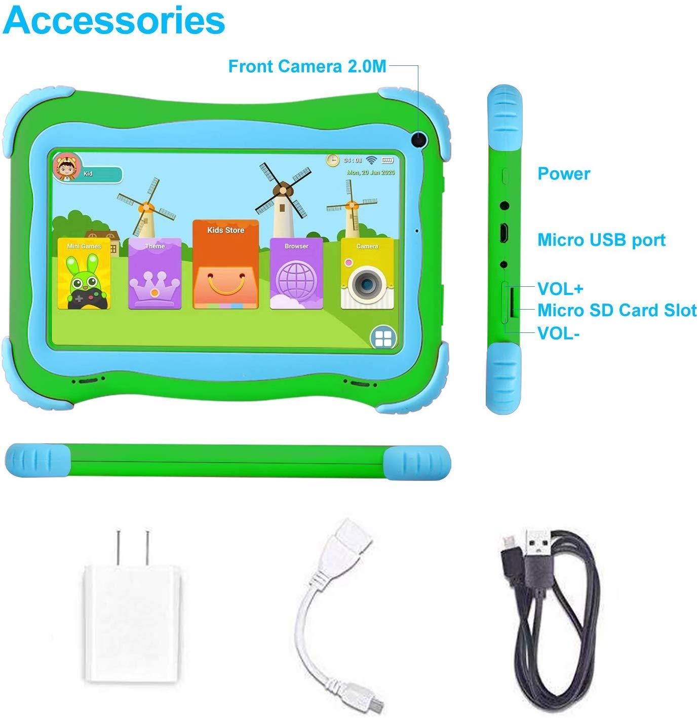 Tablet for Kids, 7 inch Kids Tablet Android 1GB +16 GB Learning Tablet,IPS Eye Protection,Dual Cameras WiFi GMS Certified Kids-Proof Toddler Tablets Parent Control,Google Play Store (Green)