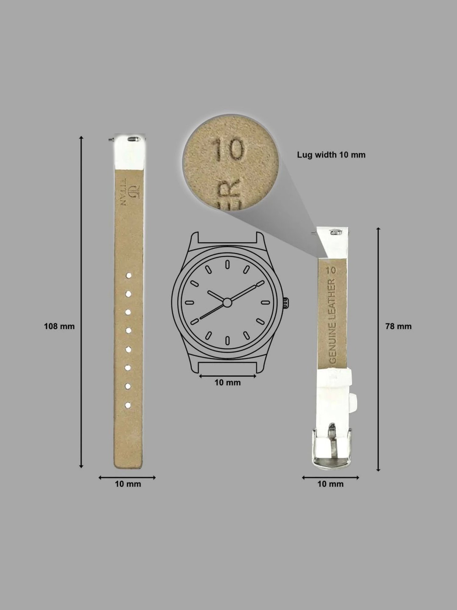 Titan 10 mm White Genuine Leather Strap for Women