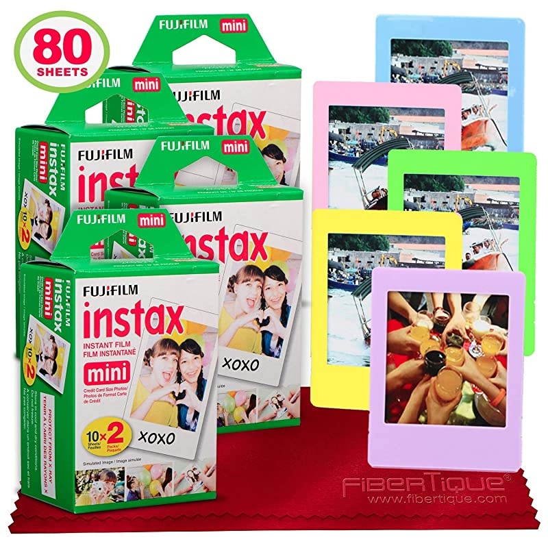 Instax Mini Instant Film (80 Sheets) Instax Mini + 5 Picture Frames + FiberTique Cleaning Cloth (USA Warranty)
