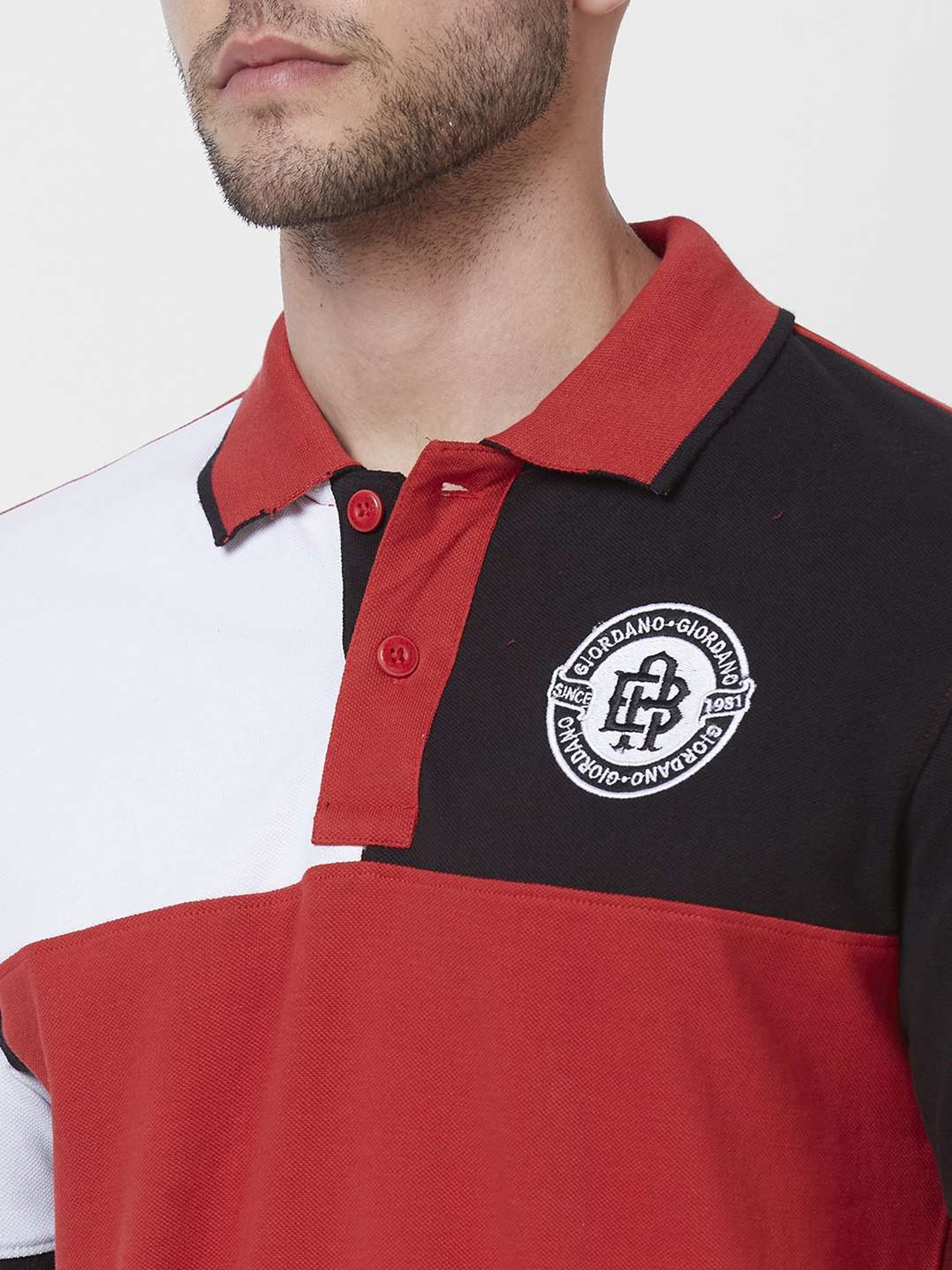 Giordano Red Cotton Slim Fit Colour Block Polo T-Shirt