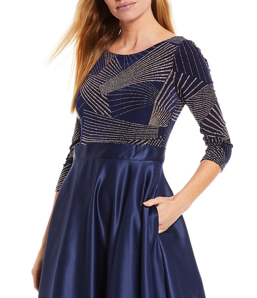 Jkara Chiffon Popover Beaded V-Neck 3/4 Capelet Sleeve Gown