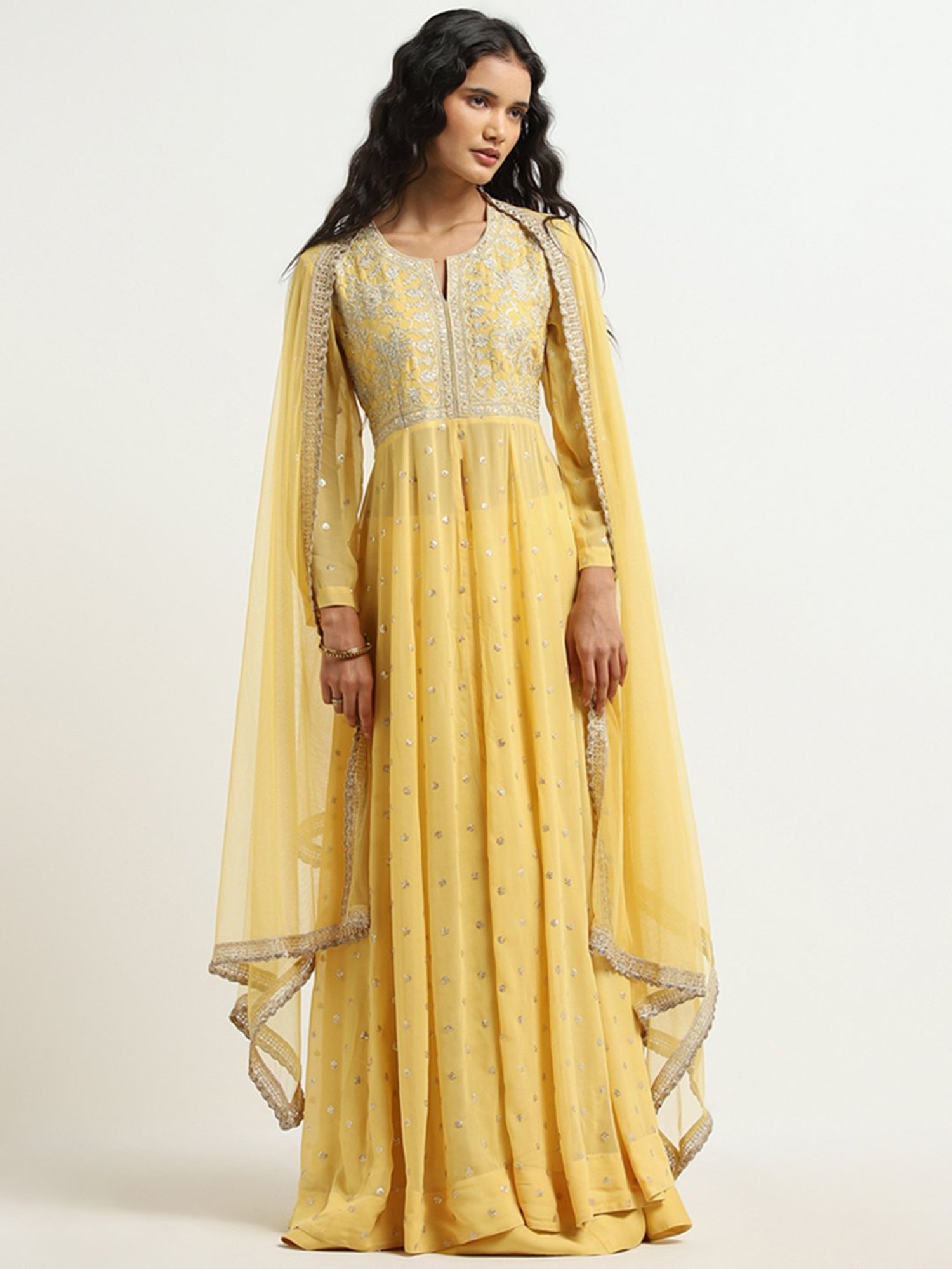Vark by Westside Yellow Embellished Kurta, Skirt and Dupatta Set