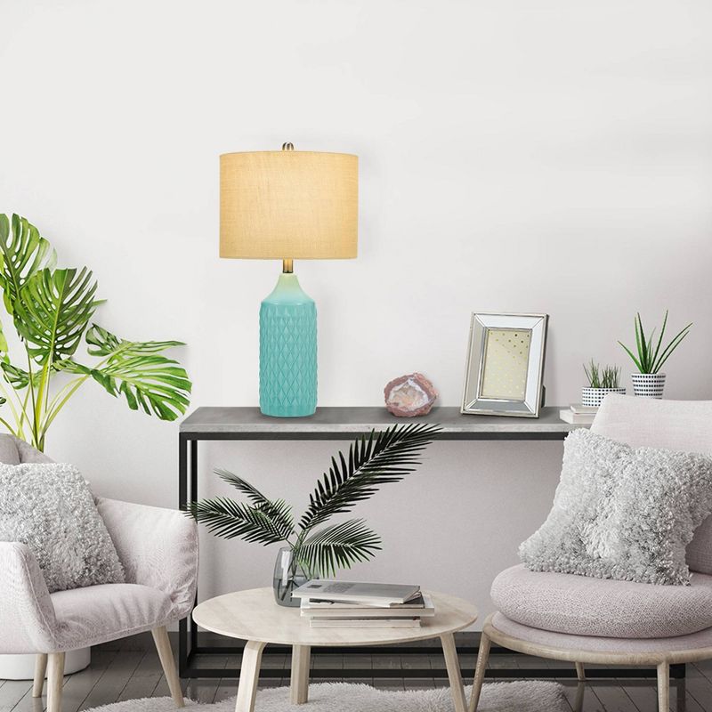 26.5" Quilted Ceramic Table Lamp with Natural Linen Drum Shade Aqua Blue - Cresswell Lighting