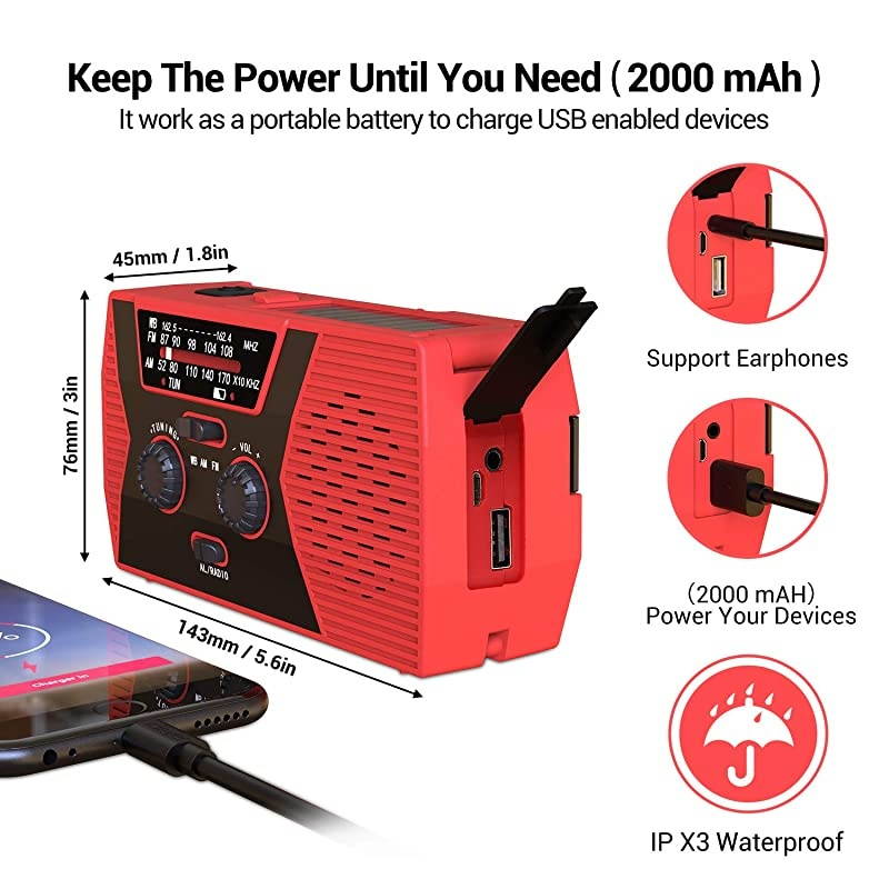 2020 Upgraded Version  Emergency Solar Hand Crank Radio 2000mAh Power Bank NOAA Weather Radio for Emergency with AMFM LED Flashlight Reading LampSOS Alarm