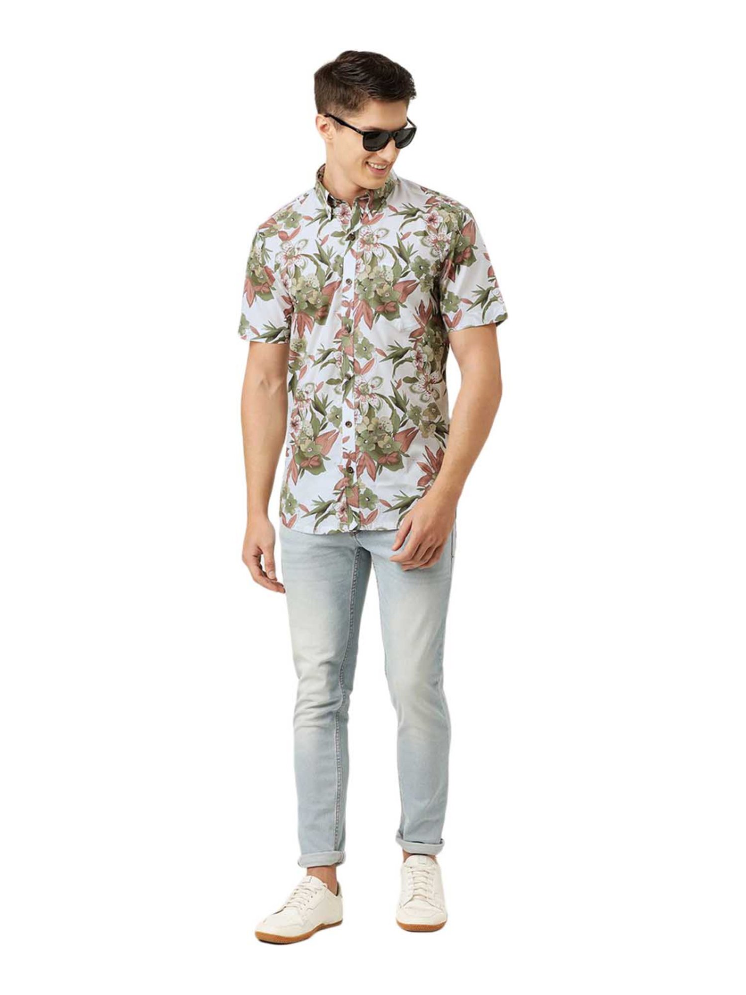 Burnt Umber Green Cotton Regular Fit Floral Print Shirt