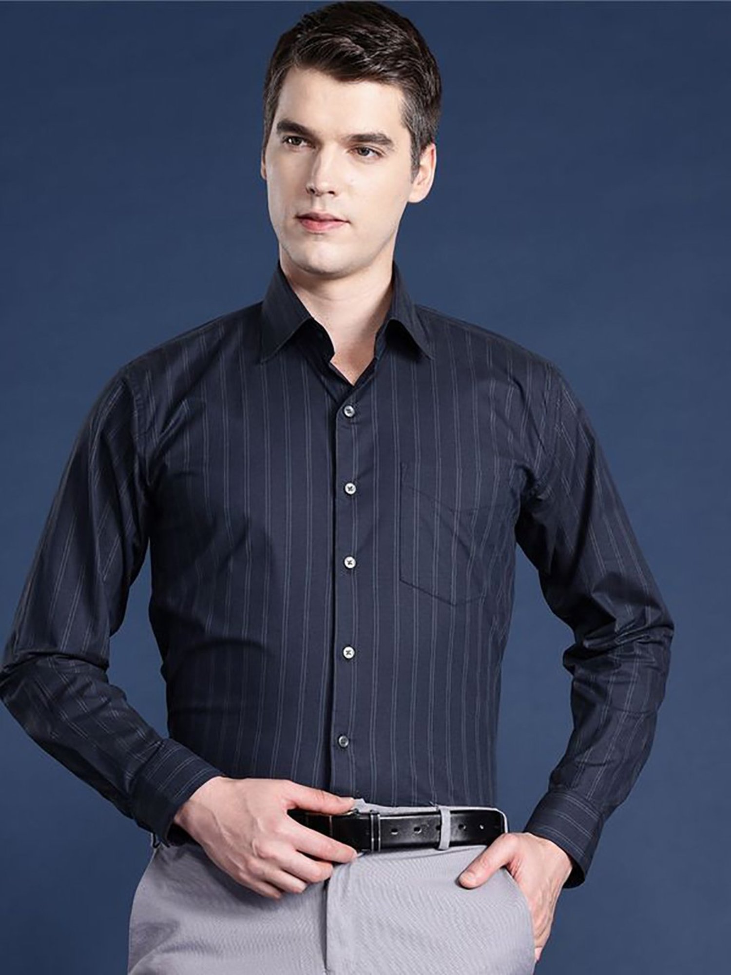 Hancock Navy Cotton Slim Fit Stripes Shirts