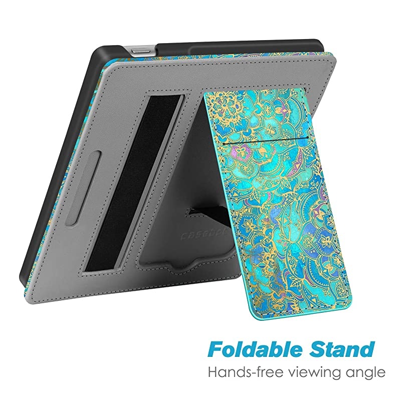 Stand Case for AllNew Kindle Oasis 10th Generation 2019 Release and 9th Generation 2017 Release Premium PU Leather Sleeve Cover with Card Slot and Hand Strap Shades of Blue