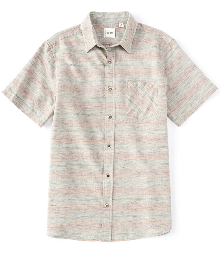 Rowm Olive Short-Sleeve Faded Horizontal Striped Sportshirt