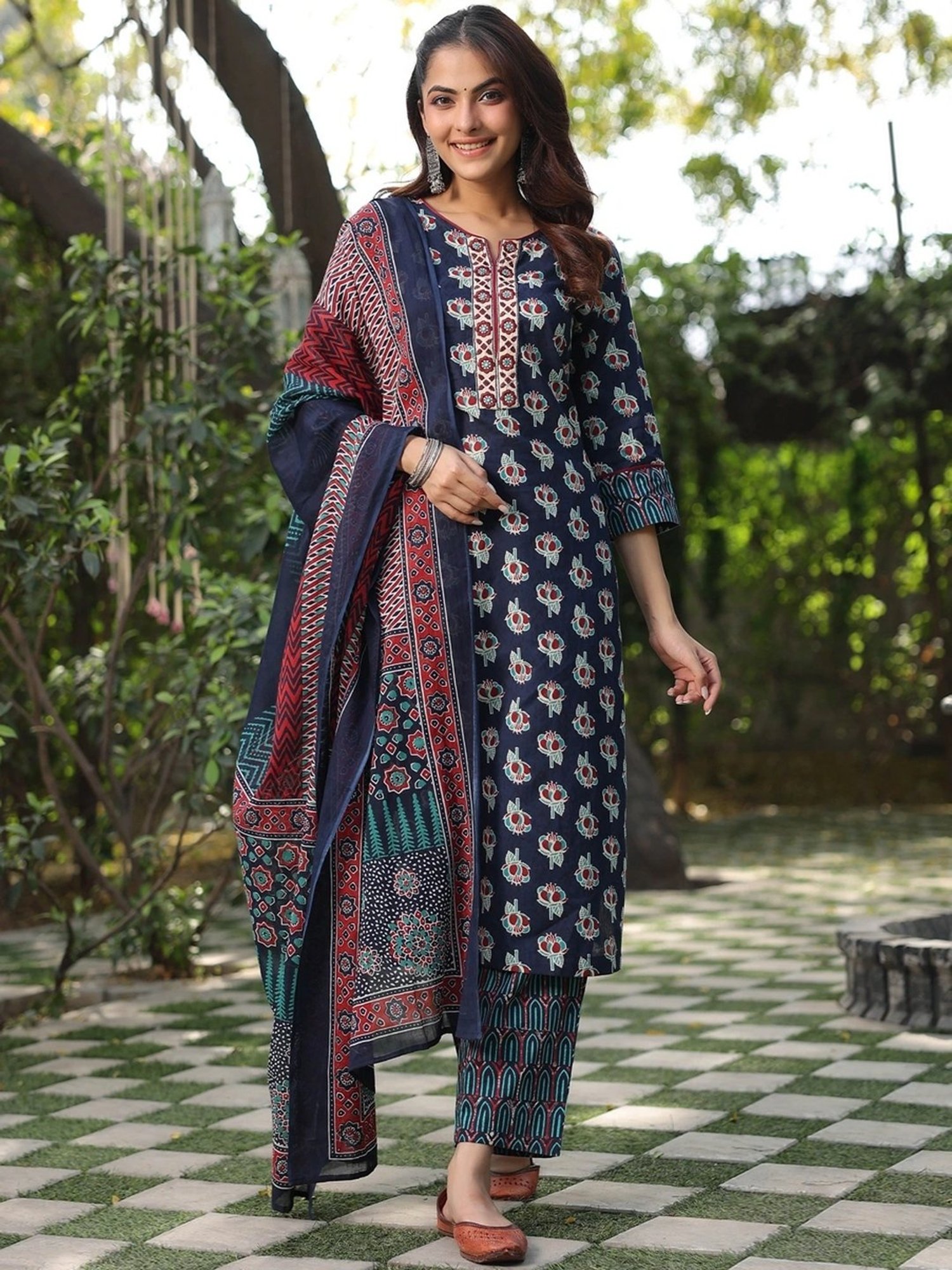 Rain and Rainbow Blue Cotton Embroidered Kurta & Pant Set With Dupatta
