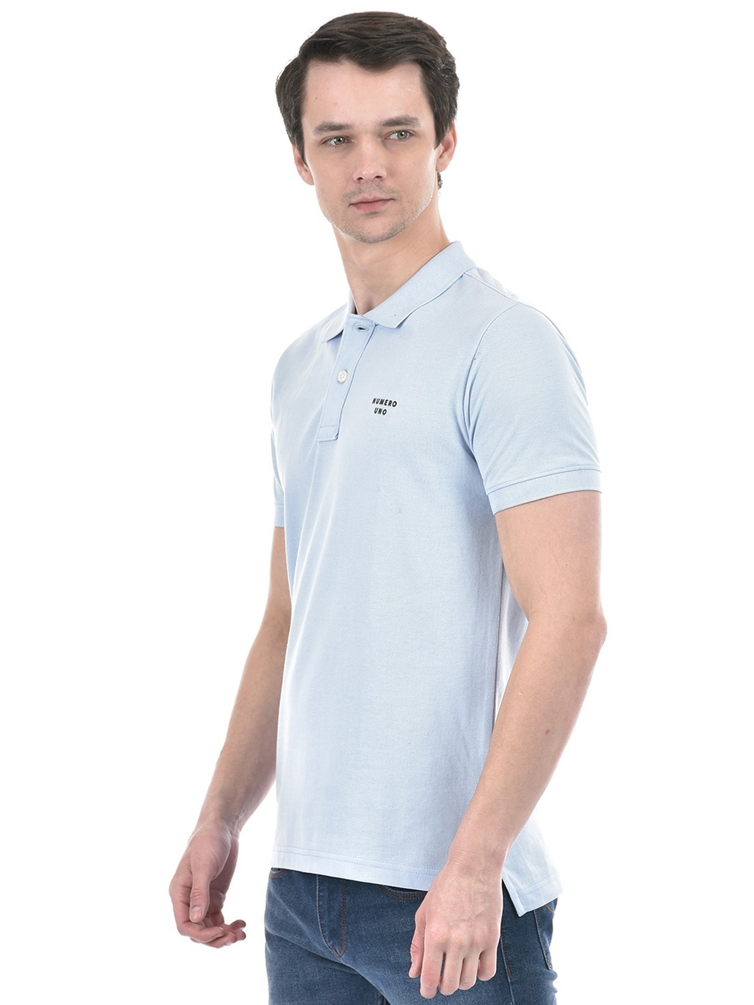 Numero Uno Powder Blue Cotton Slim Fit Polo T-Shirt