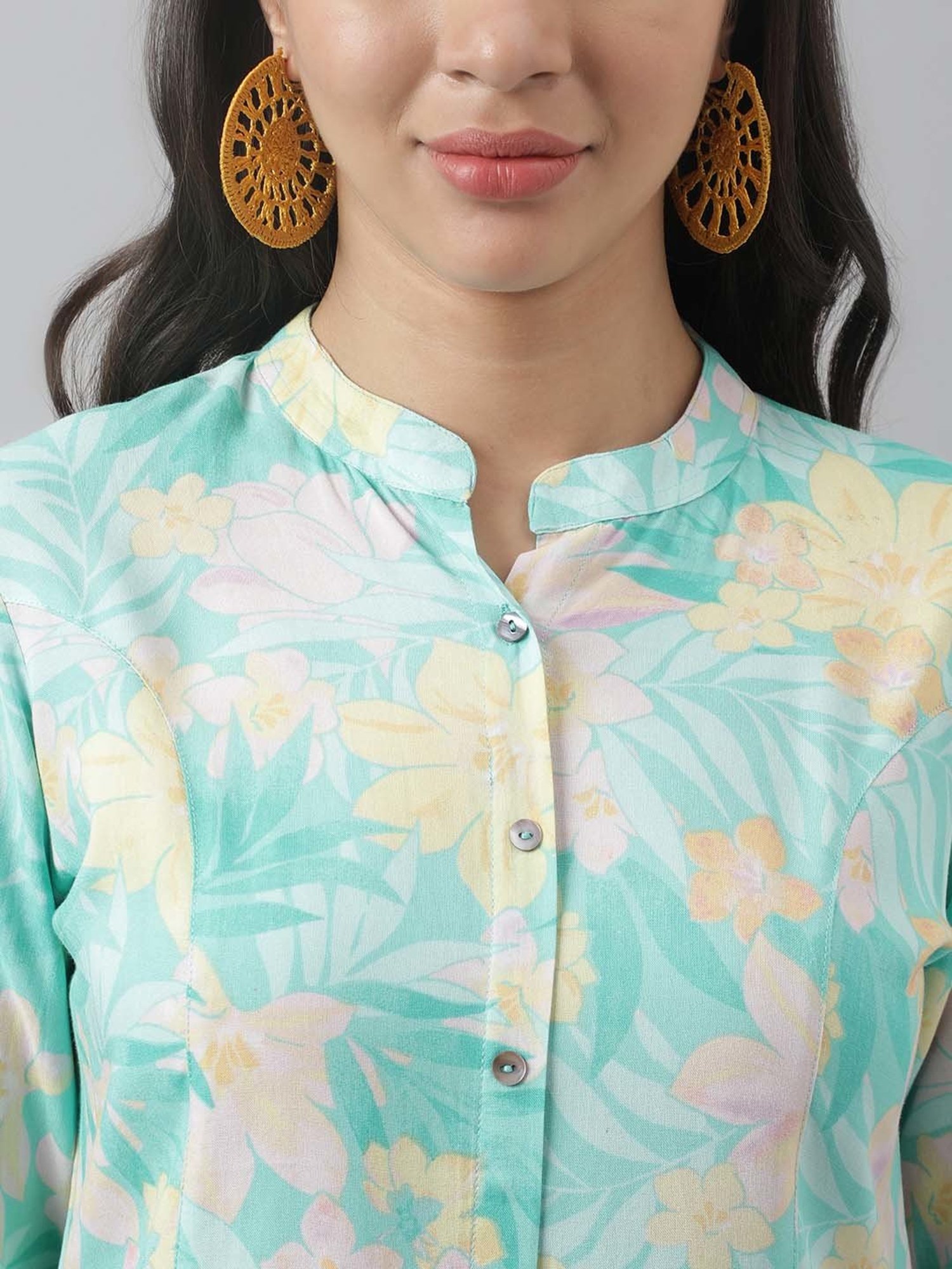 Divena Turquoise Cotton Floral Print Tunic