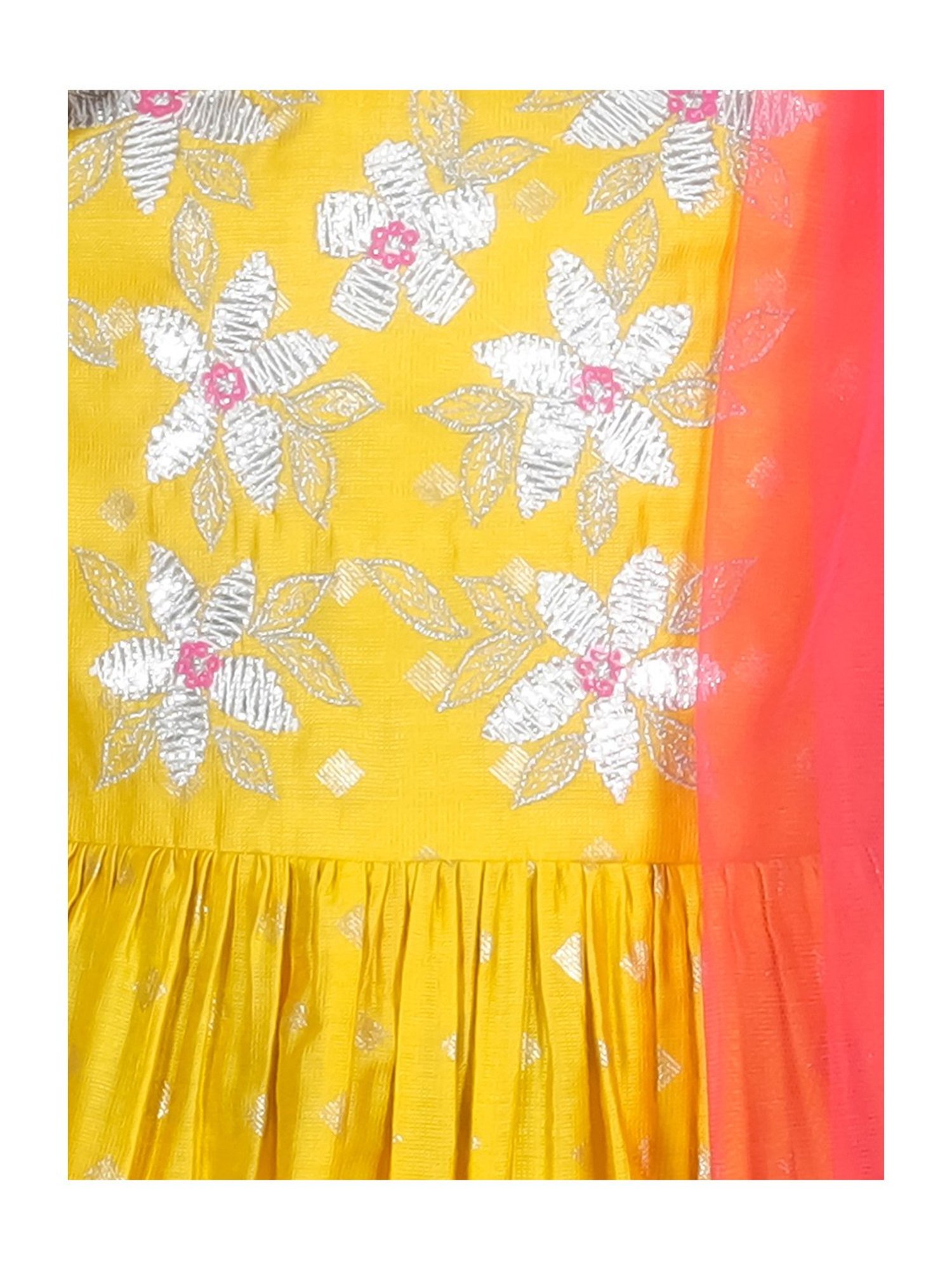 Lil Drama Kids Yellow & Coral Embroidered Kurta, Gharara with Dupatta