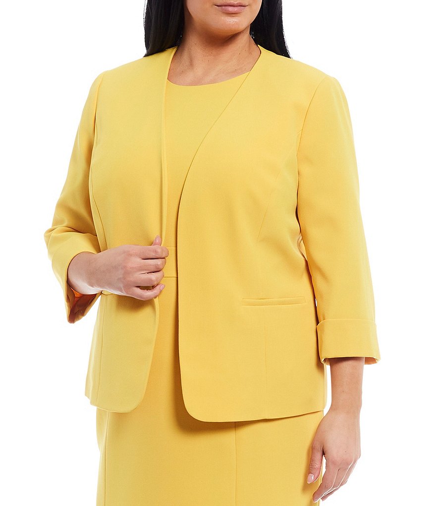 Kasper Plus Size Stretch Crepe Seamed Roll Cuffed Sleeve Open Front Jacket