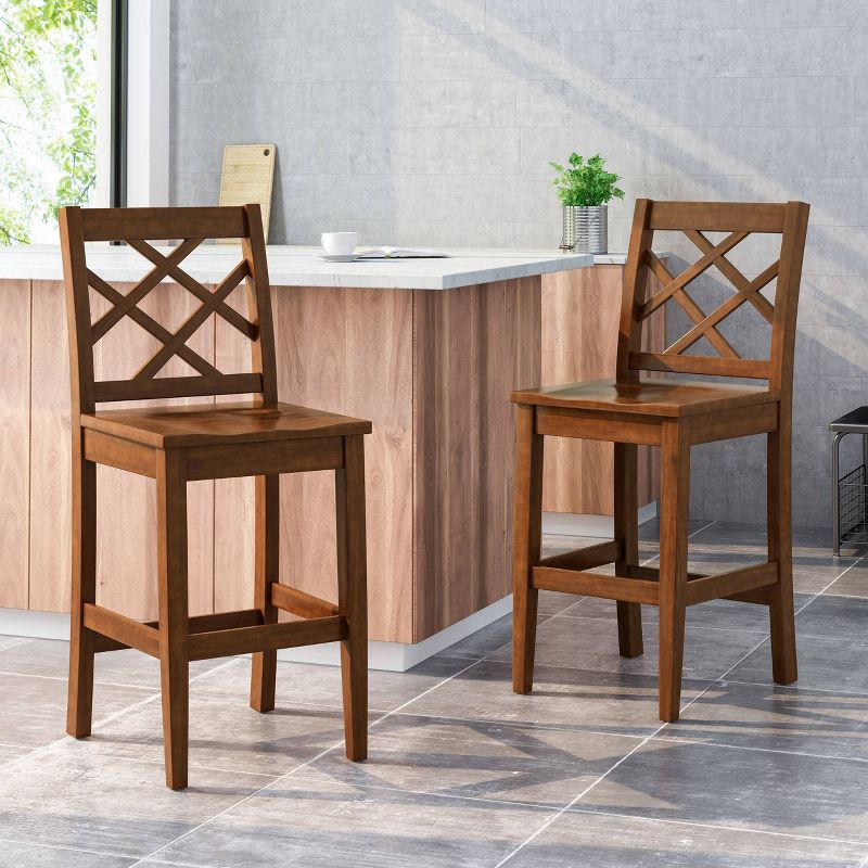 Wooden Barstool with Padded Seat and Open Backrest Blue/Brown - Benzara