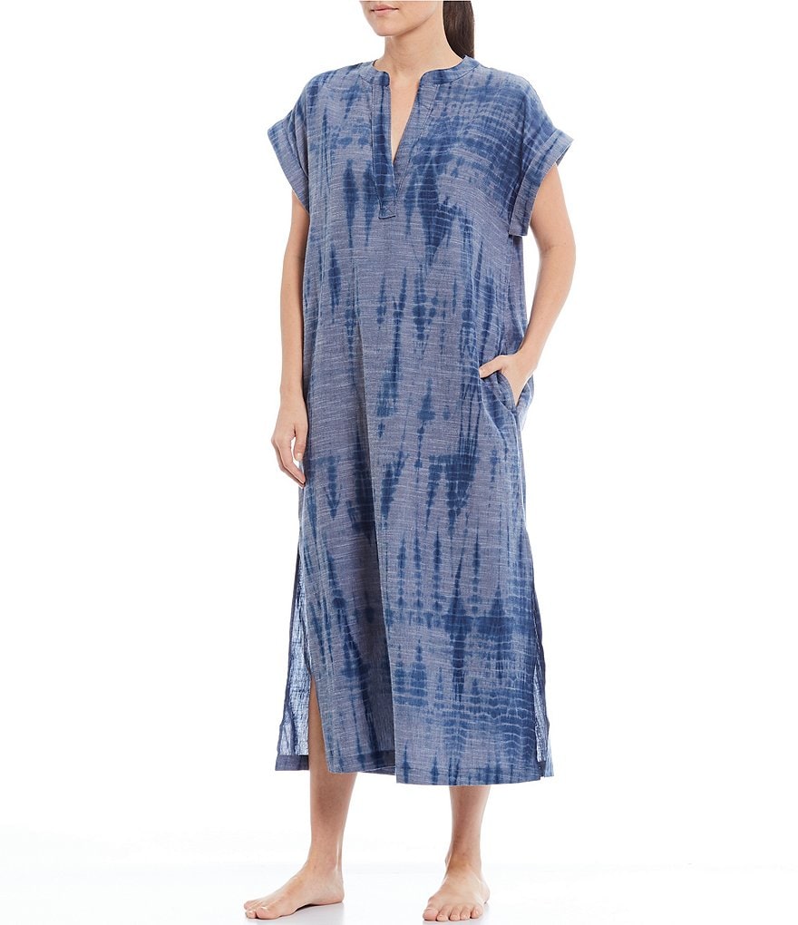 Kate Landry Tie-Dye Woven Short Sleeve Long Caftan