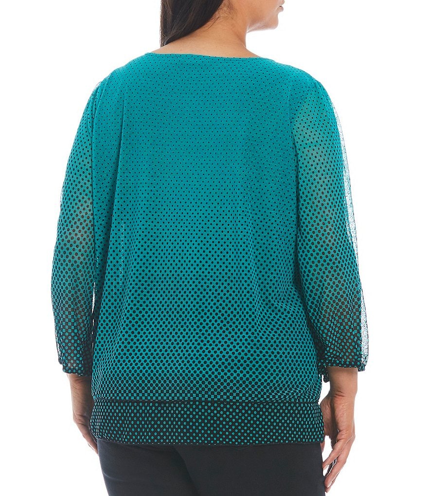 Ali Miles Plus Size Ombre Dot Print Onionskin Knit Long Sleeve Jewel Neck Hi-Low Ruffle Hem Tunic