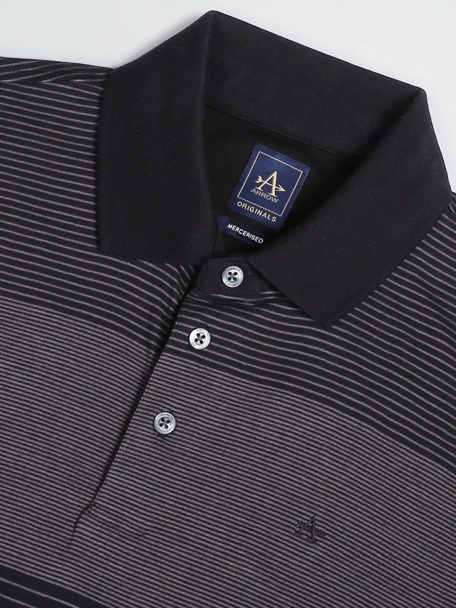 Arrow Black Cotton Regular Fit Striped Polo T-Shirt