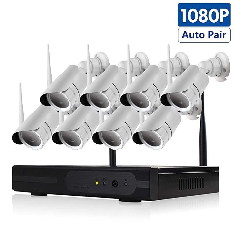1080P WiFi Camera Security System(WiFi NVR Kits) 8 CH 1080P IP WiFi NVR w/ 8 IP Bullet 2MP Camera Outdoor IP Cameras,P2P,65FT Night Vision,Without HDD
