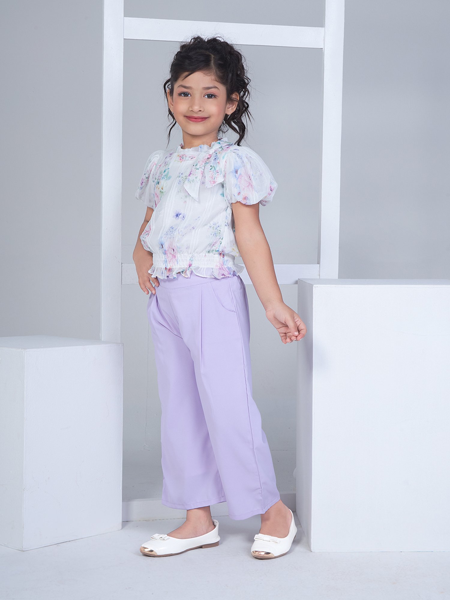 Peppermint Kids Purple & White Floral Print Top with Culottes