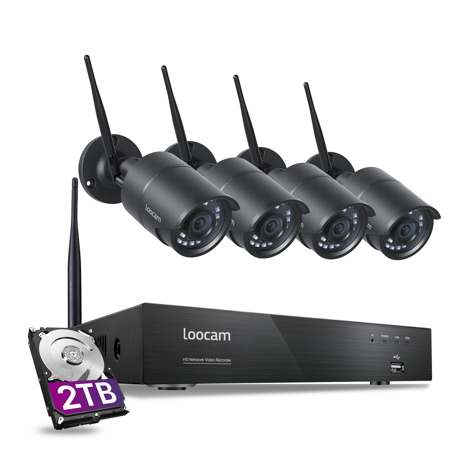 Loocam Ultra Long Distance Wireless H.265+ 1080P Full HD 8Channel Wireless NVR Security System with 4 Cameras Two-way Audio IP66 Weatherproof 2TB Hard Drive