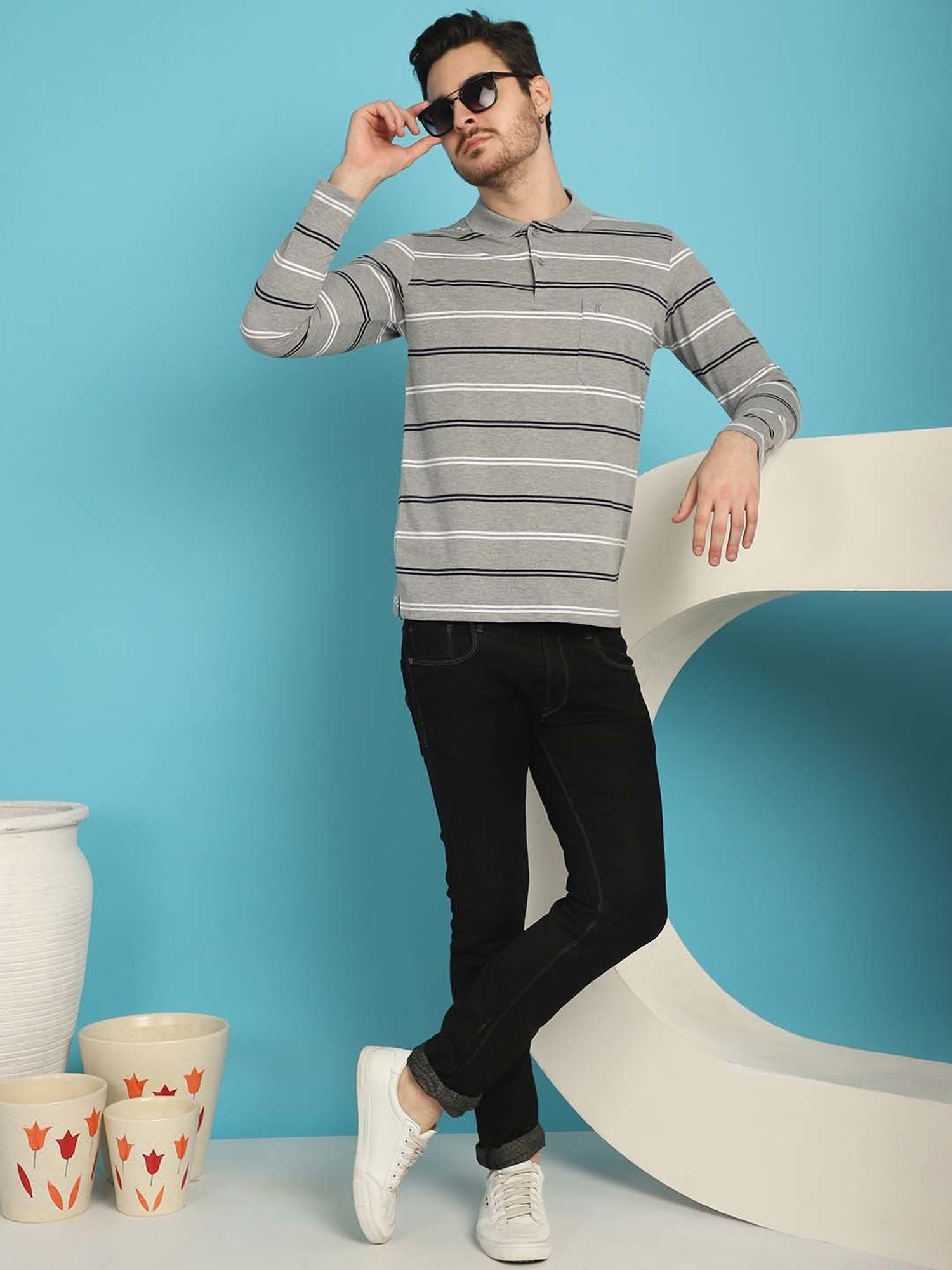 Venitian- Forbidden Clothing Dark Grey Regular Fit Striped Polo T-Shirt