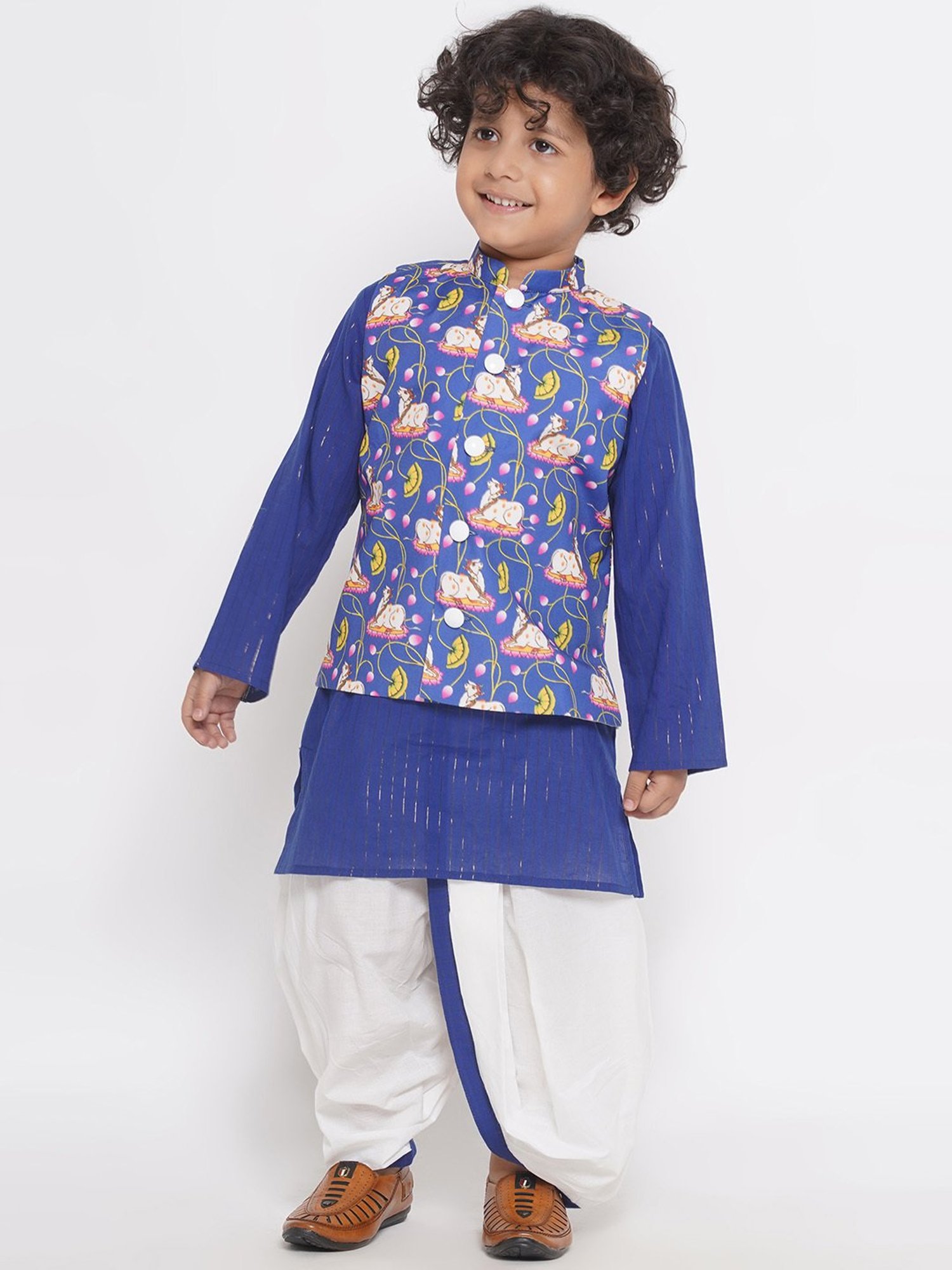 Little Bansi Kids Blue & White Printed Full Sleeves Kurta, Dhoti with Jacket