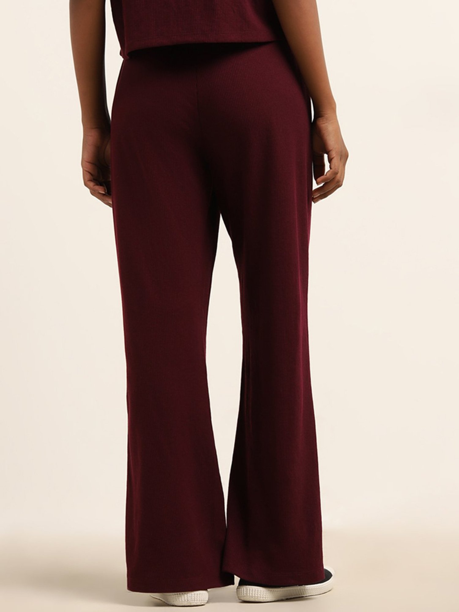 Superstar by Westside Burgundy Ribbed Wide-Leg Mid-Rise Pants