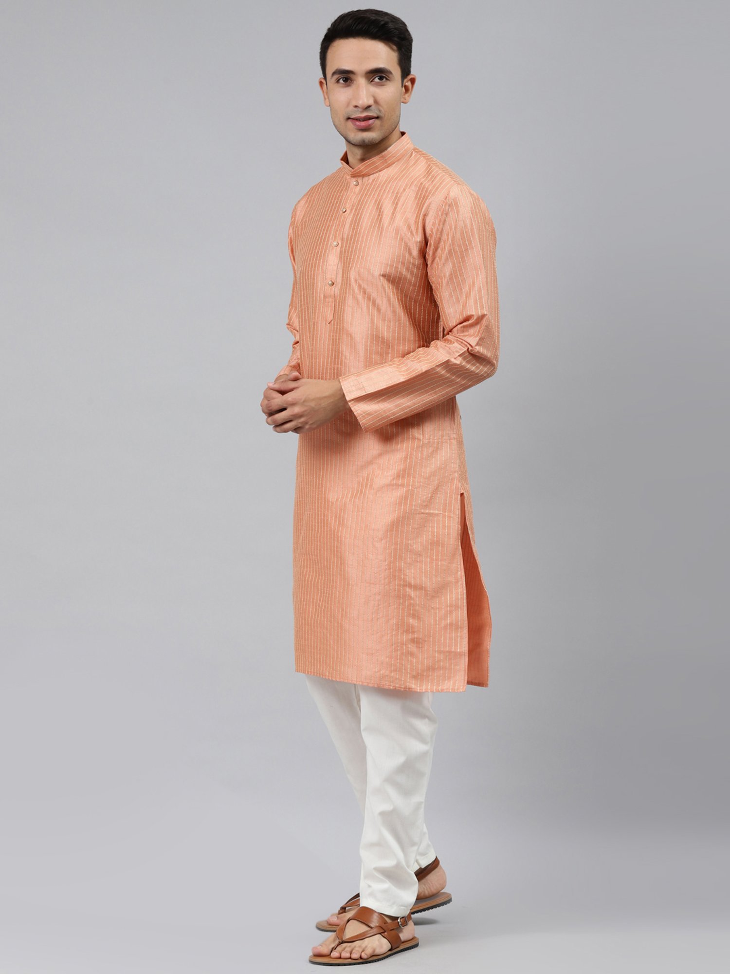 ManQ Peach Regular Fit Striped Ethnic Wear