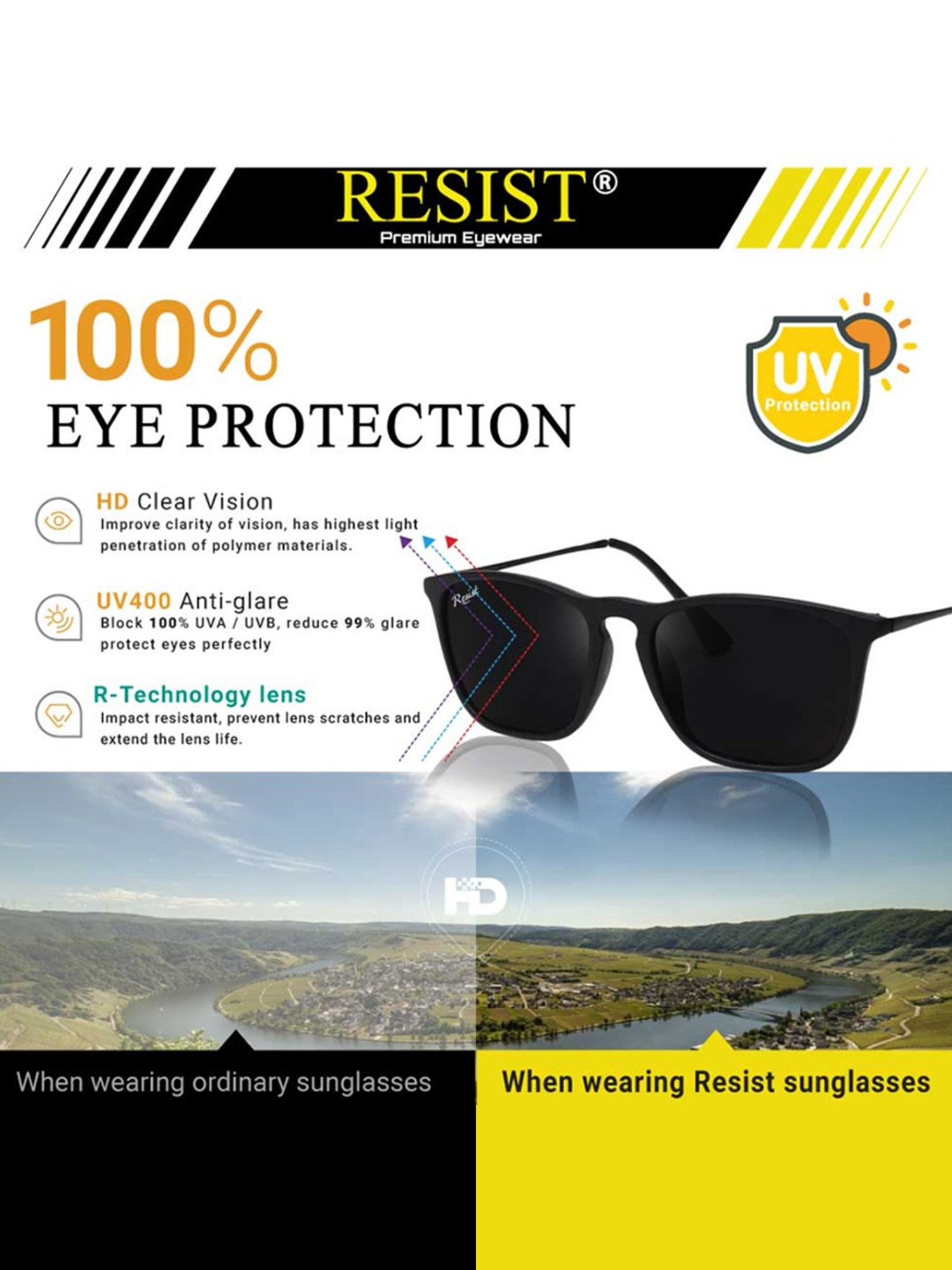 Resist Eyewear Black Wayfarer Unisex Sunglasses