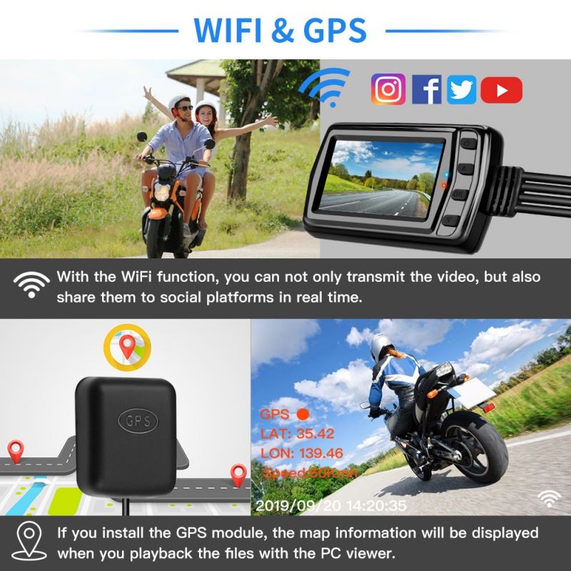WonVon MT011 Motorbike Drive WiFi Recorder with 3" LCD Screen, Motorcycle Front and Rear Dash Camera Whole Unit Waterproof,Wide Angle 160&deg;,Dual 1080P,GPS,G-Sensor,Loop Recording,Support 128GB max