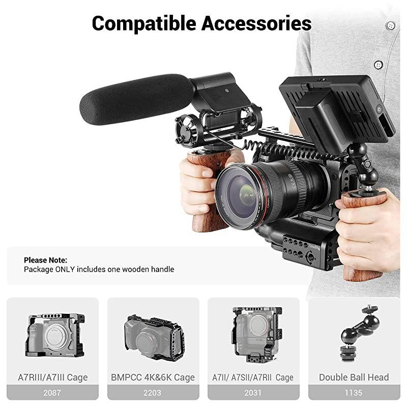 Side Wooden Handle Grip for DSLR Camera Cage wCold Shoe Mount Threaded Holes Direction Changeable 2093