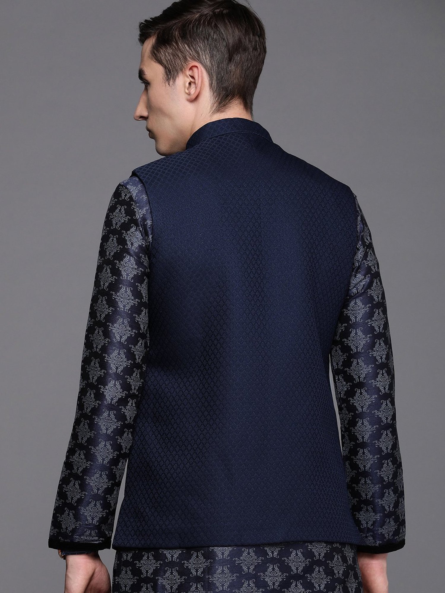 Manyavar Blue Regular Fit Self Design Nehru Jacket