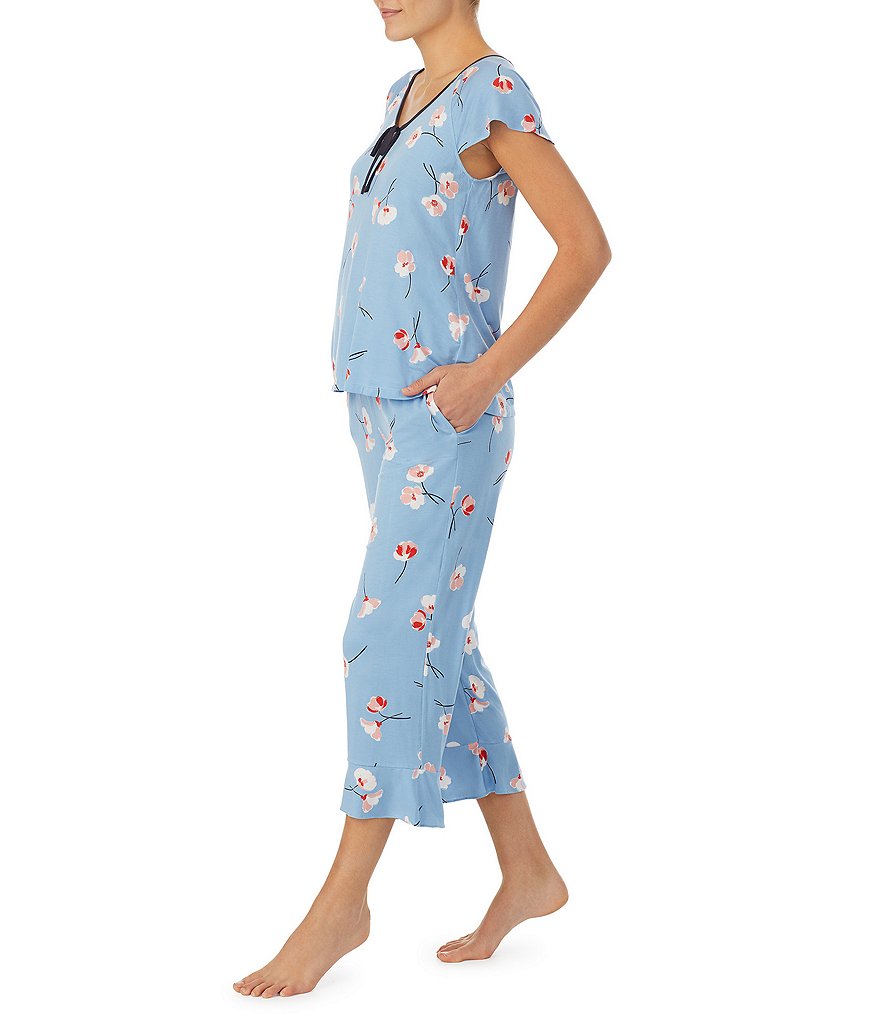 kate spade new york Floral Print Jersey Cropped V-Neck Short Flutter Sleeve Coordinating Pajama Set