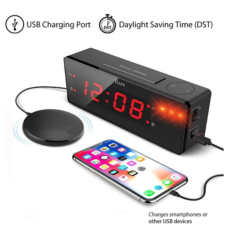 Time Shaker Wow Vibrating Bed Shaker Alarm Clock for Heavy Deep Sleepers LED Display Super Loud Panic Alert Flashing Red Alert Light Multiple Vibration Levels Dual Alarm USB Charging Port