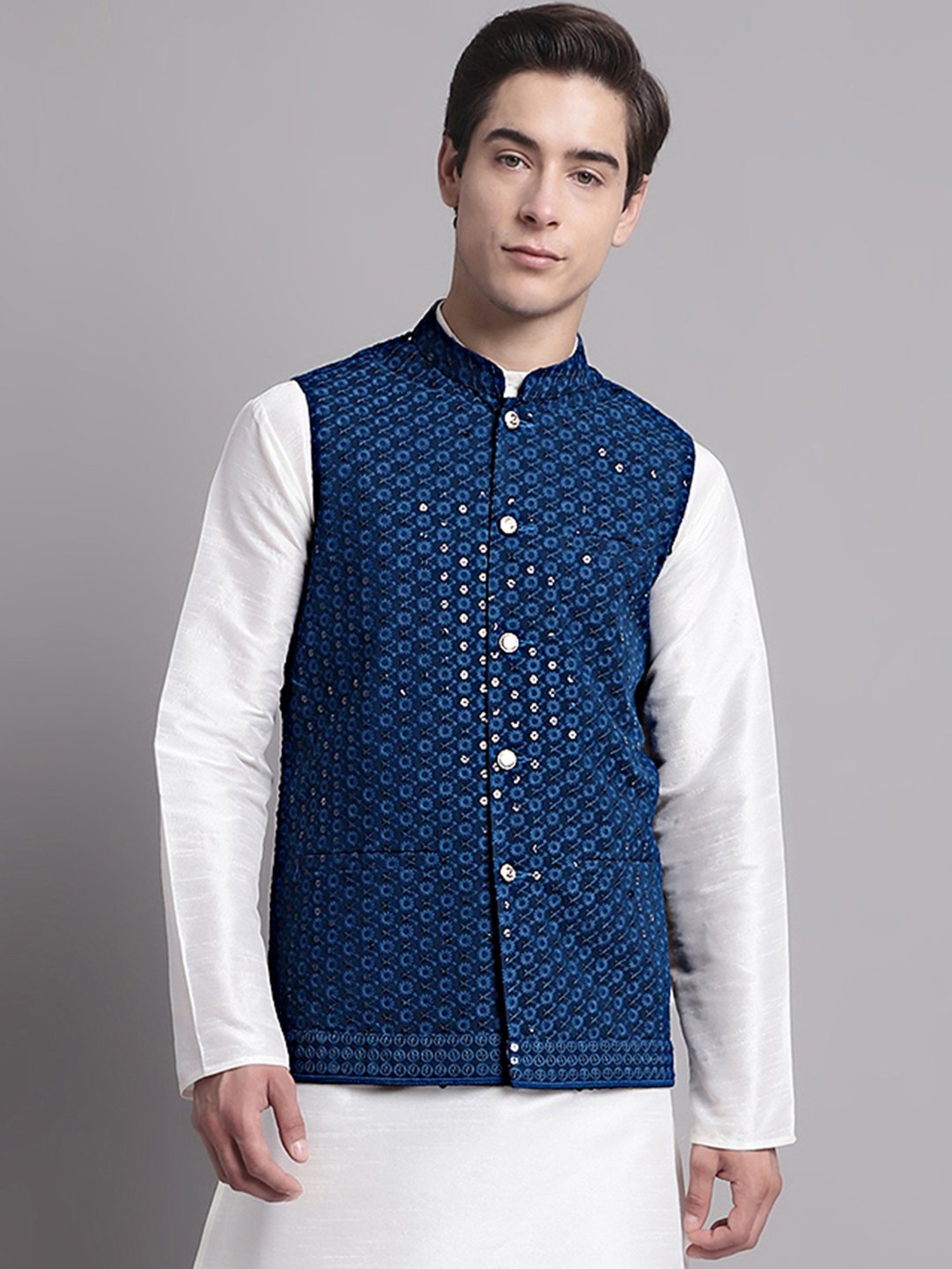 Jompers Navy Regular Fit Embroidered Nehru Jacket