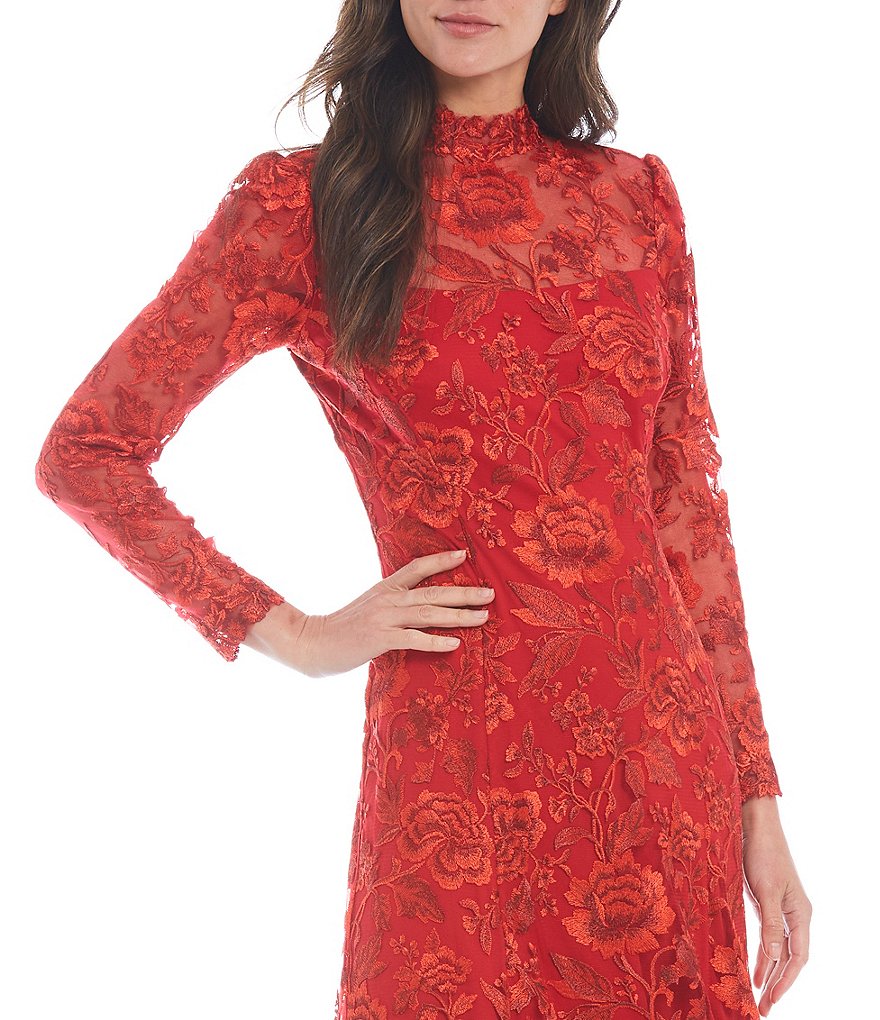 Tadashi Shoji Long Sleeve Mock Neck Handkerchief Hem Lace Dress