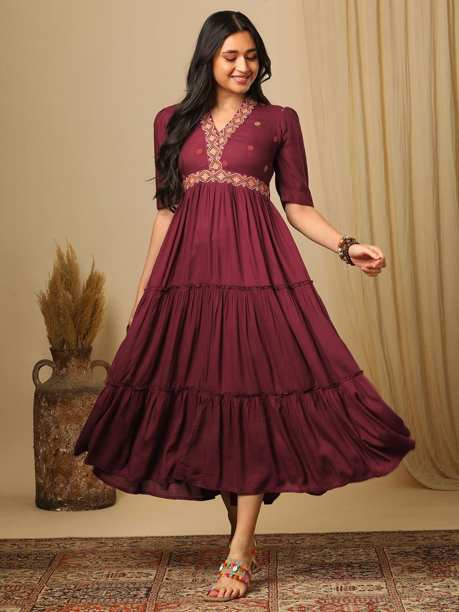 Globus Burgundy Embroidered Midi Dress