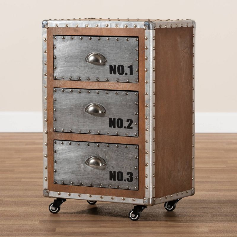 3 Drawer Avere Wood & Metal Rolling Nightstand Sliver - Baxton Studio
