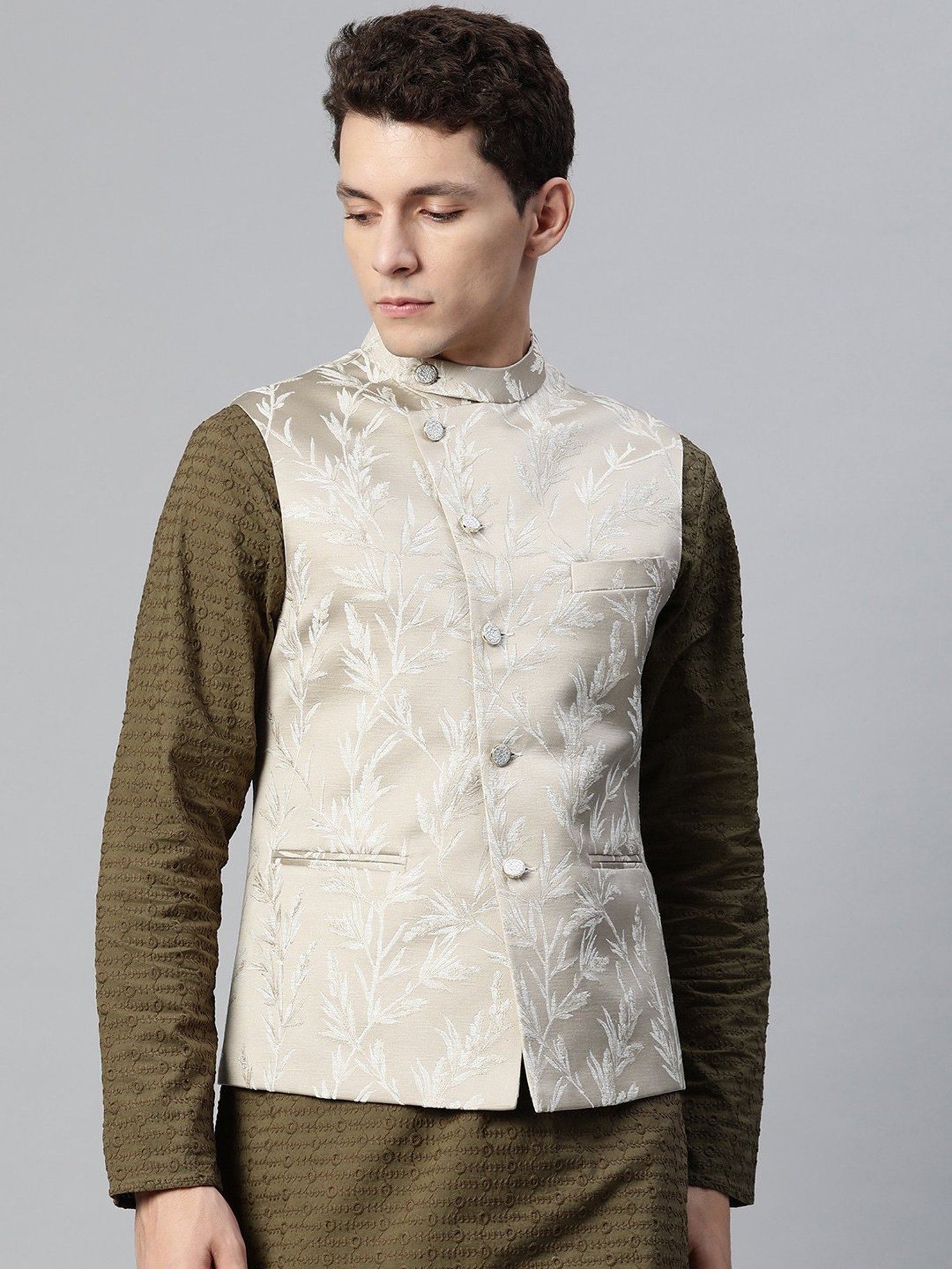 ManQ Beige Slim Fit Nehru Jacket