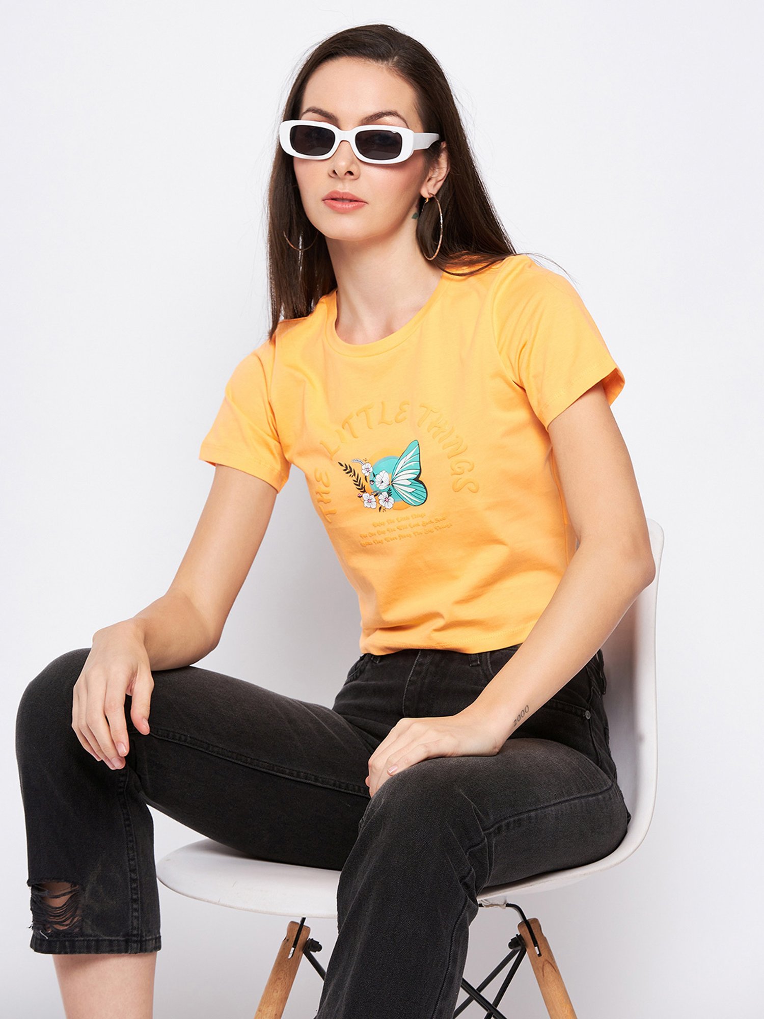 MADAME Orange Cotton Graphic Print Crop T-Shirt