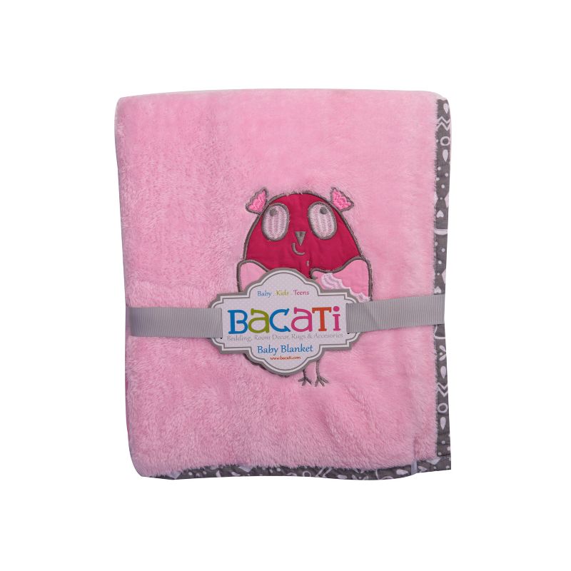 Bacati - Owls Pink with Grey Border Embroidered Baby Plush Blanket