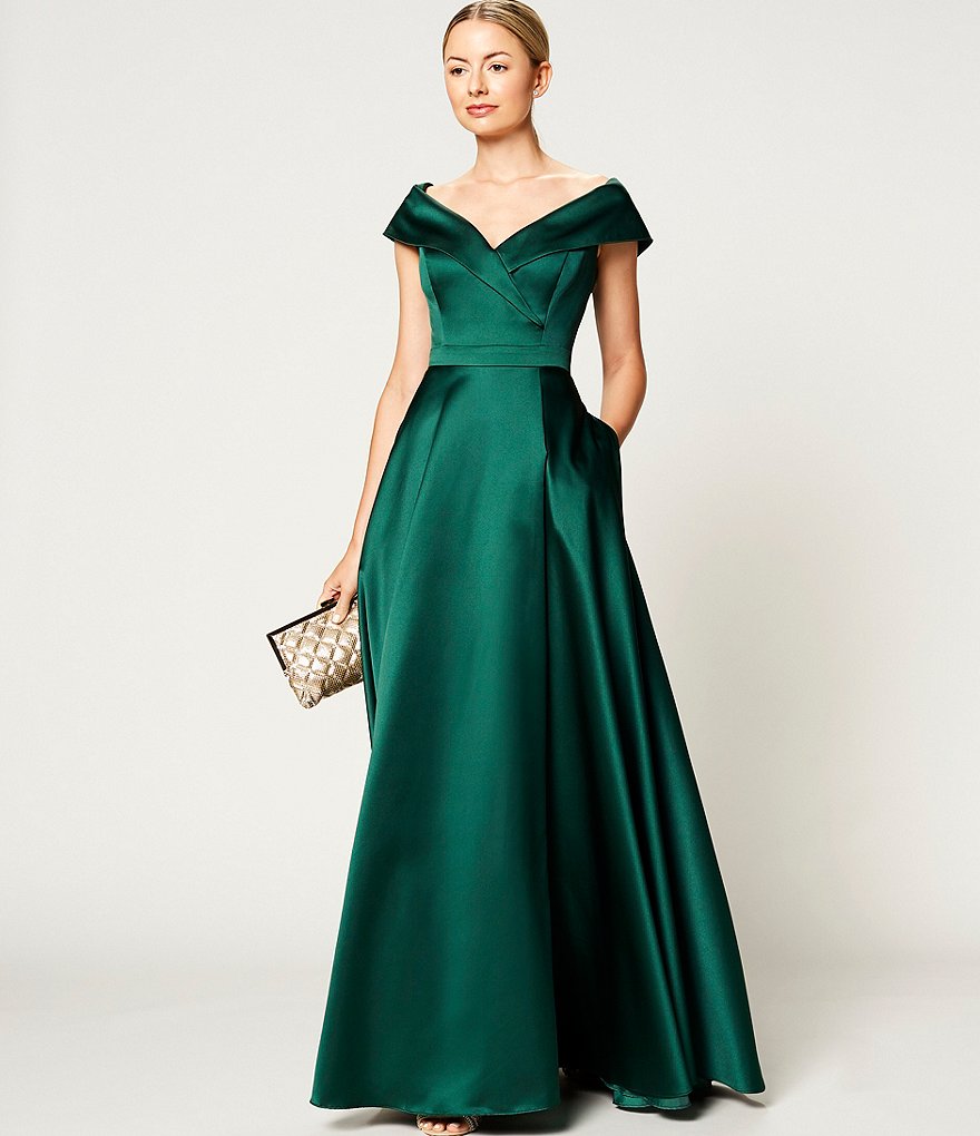 Xscape Off-the-Shoulder Cap Sleeve Satin Ball Gown
